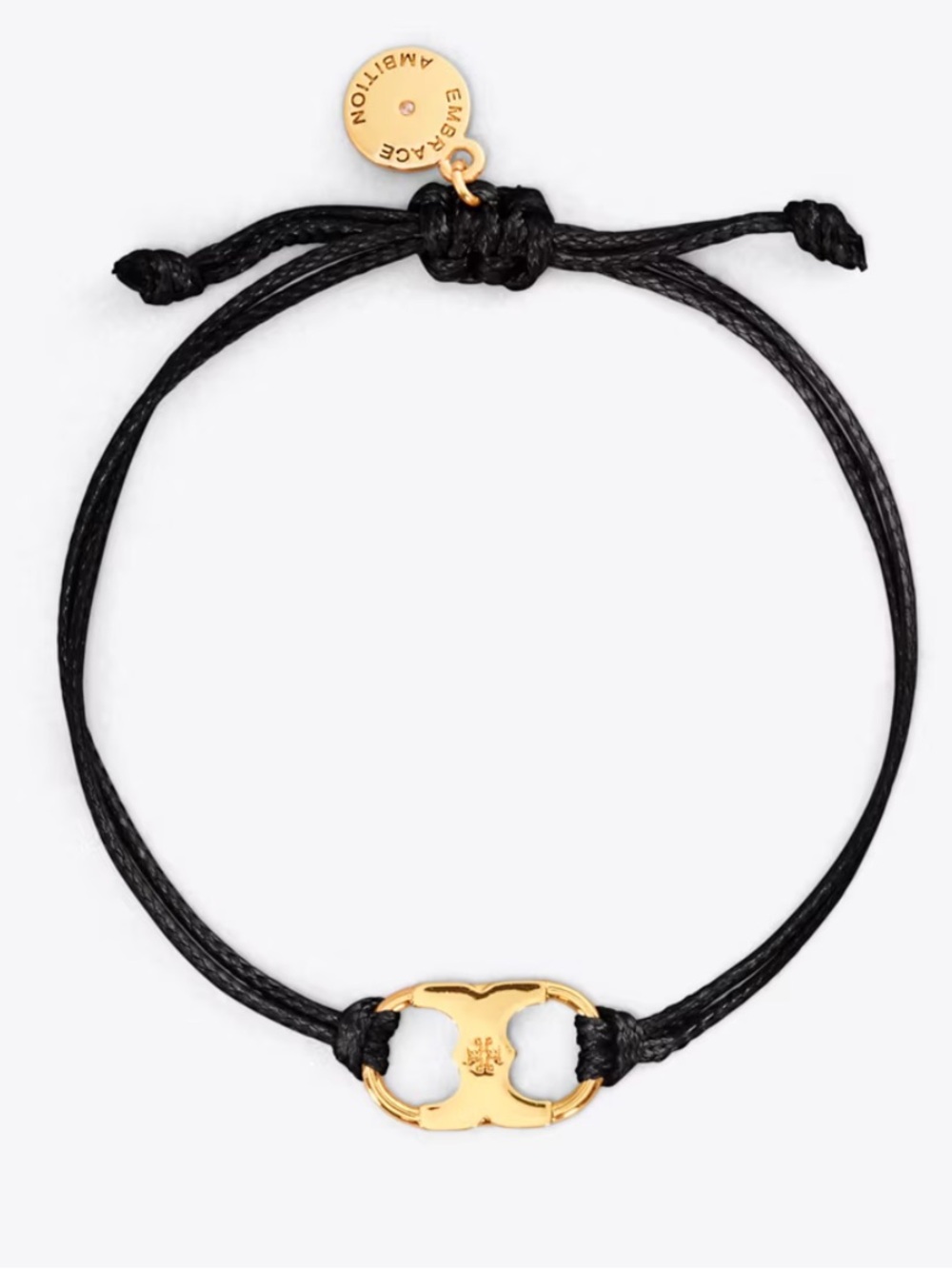 Tory Burch Embrace Ambition Black Cord Bracelet with Gold Logo Charm
